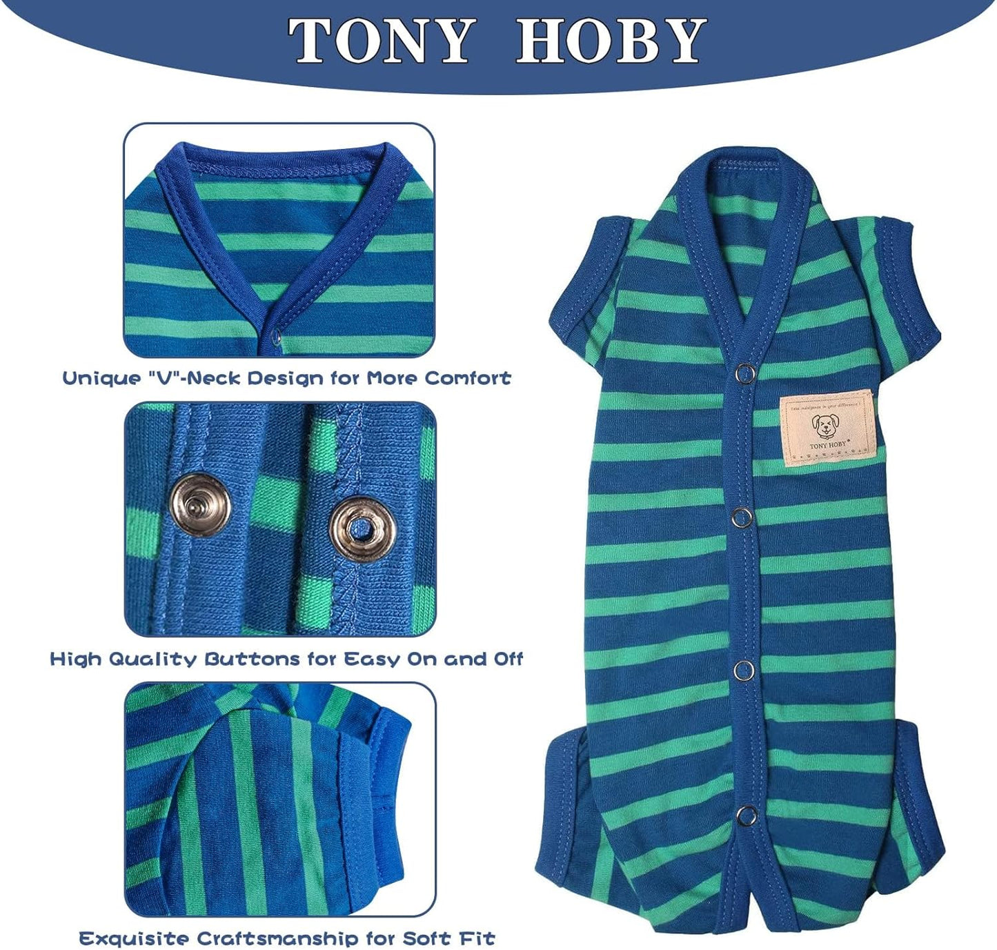 TONY HOBY Dog Pajamas for Medium Small Dogs, Dog Jumpsuit with Stripes 4 Legged Pajamas, Soft Dogs Pet Clothes (Blue&Green, Girl, L)