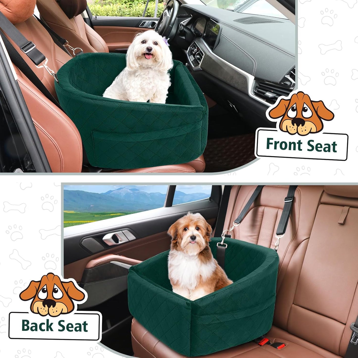 Dog Car Seat for Small Medium Dogs,Detachable Washable Dog Booster Seat Under 30lbs, Pet Car Seats Travel Bed with Storage Pockets and Safety Belt(Green)