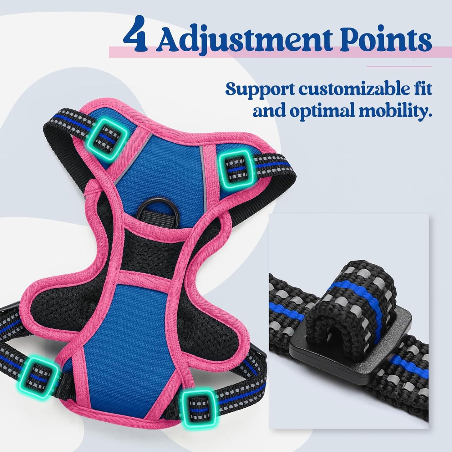 rabbitgoo Dog Harness No Pull with 2 Leash Clips, Adjustable Soft Padded, Reflective Oxford No Choke Pet Vest with Easy Control Handle for Large Dogs, Blue & Hot Pink, XS