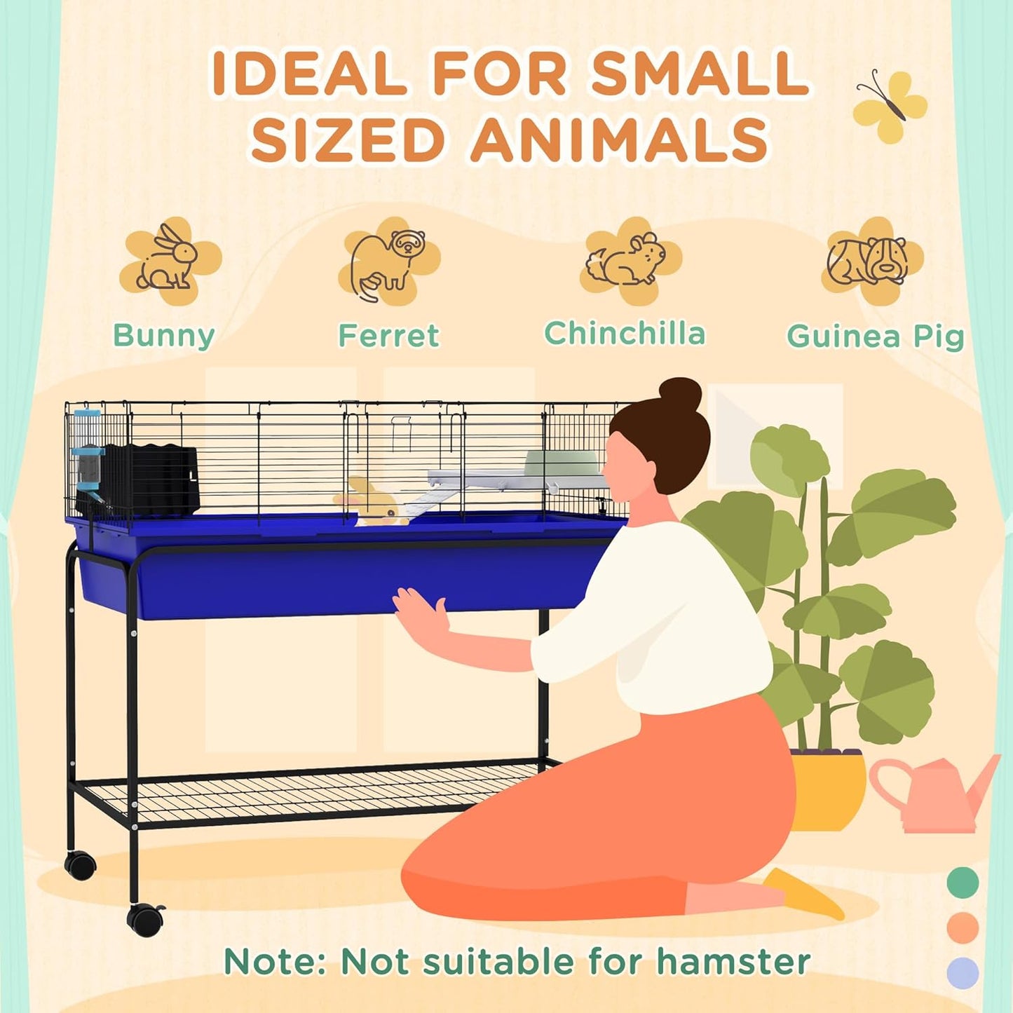 PawHut Two-Story Small Animal Cage Removable from Stand, Guinea Pig Cage with Shelf & Wheels, Pet Habitat for Hedgehog, Chinchilla, Ferret, 39" x 20.5" x 36.5", Blue