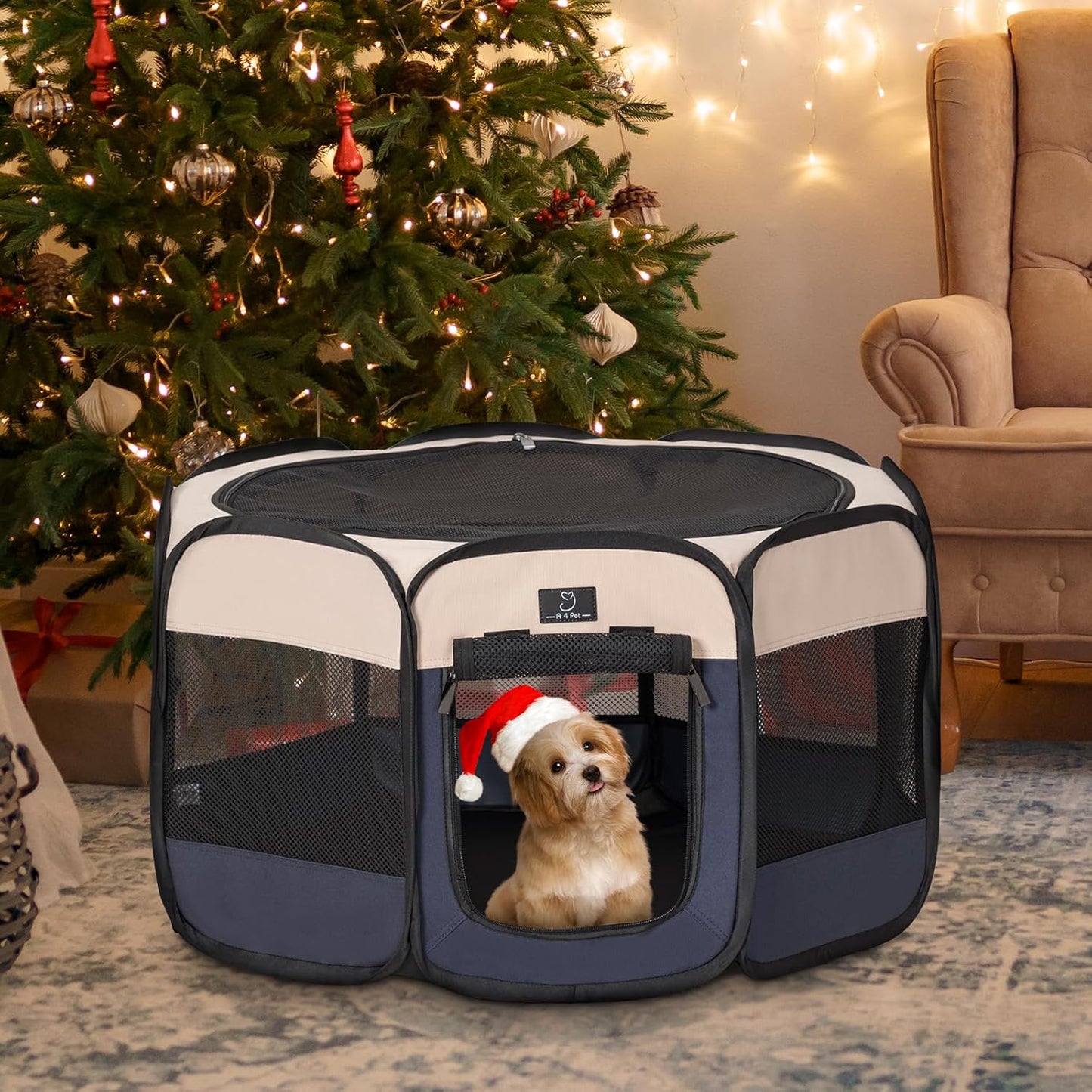 A4Pet Portable Dog Playpen for Small Dogs, 27" Foldable Small Pet Playpen for Puppy/Cat/Rabbit/Chick, Indoor Cat Playpen with Removable Zipper & Mesh Panel(11”W × 7.5”H)