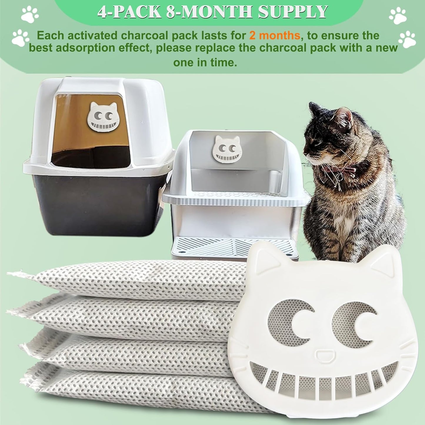 Unscented Cat Litter Box Deodorizer Kit Stick-On Activated Carbon Odor Eliminators Compatible with most manual and automatic litter boxes (4 Refills+ 1 Box) (White, Unscented)