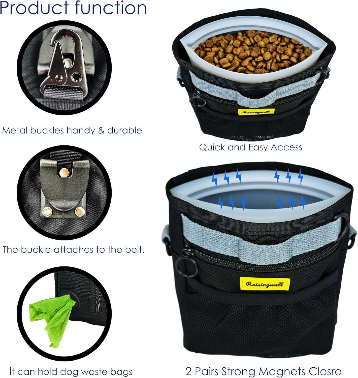 Dog Treat Pouch with Magnetic Closure 4-Cup Silicone Bag Fanny Pack Holder with Clicker 4 Ways to Wear Front Pocket Fits All Phones Ideal for Leash, Pet Walking and Training（Black）