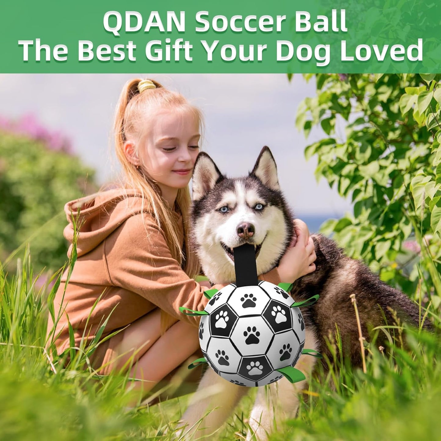 QDAN Dog Toys Extra Large Soccer Ball with Straps, Tug Toy, Water Toy, Durable Dogs Balls World Cup for Large（9 Inch）