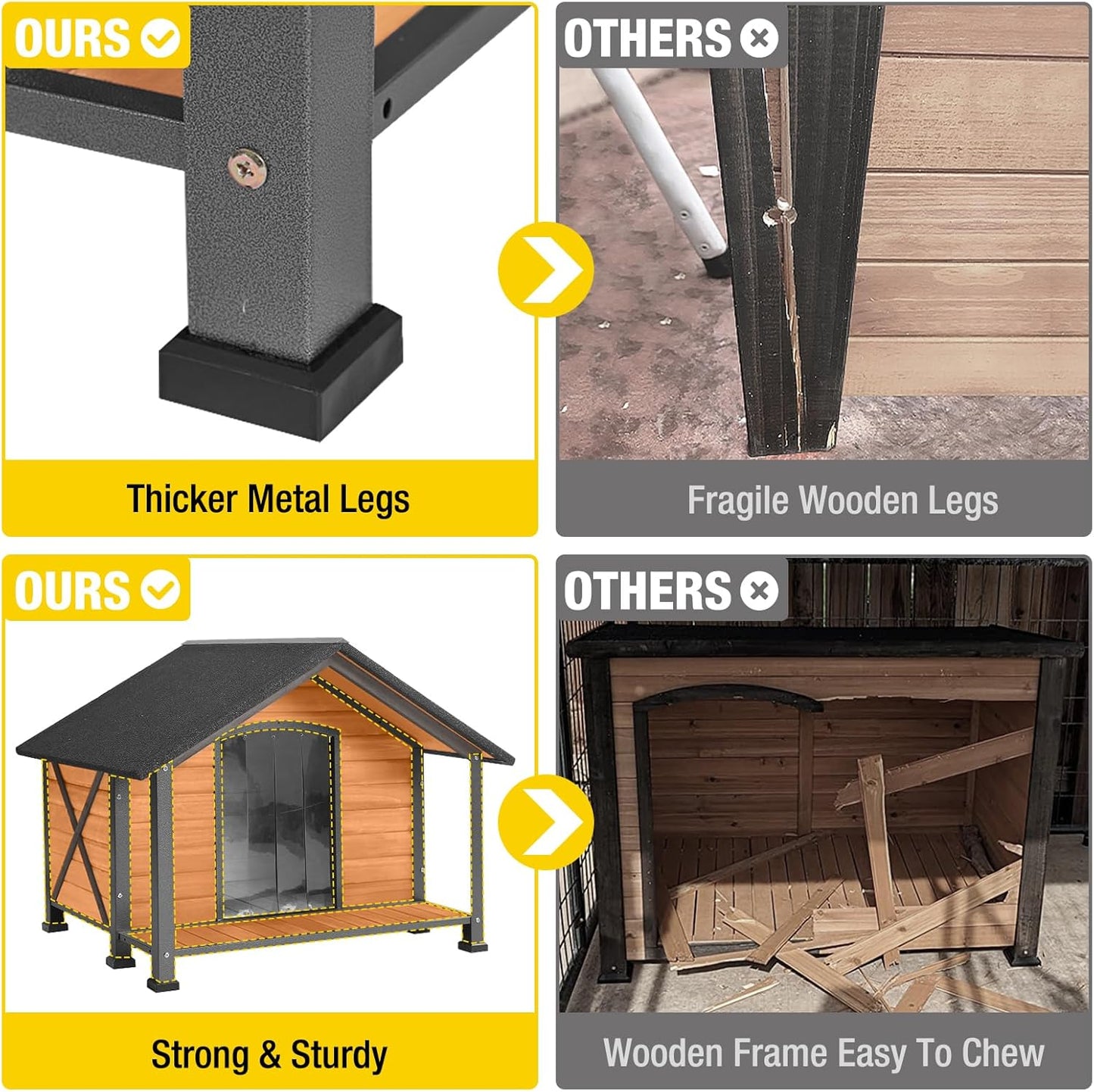 Aivituvin Dog House with Anti-Chewing Metal Frame Outdoor Large Wooden Dog Kennel Outside with Overhang Roof Large Porch Weatherproof