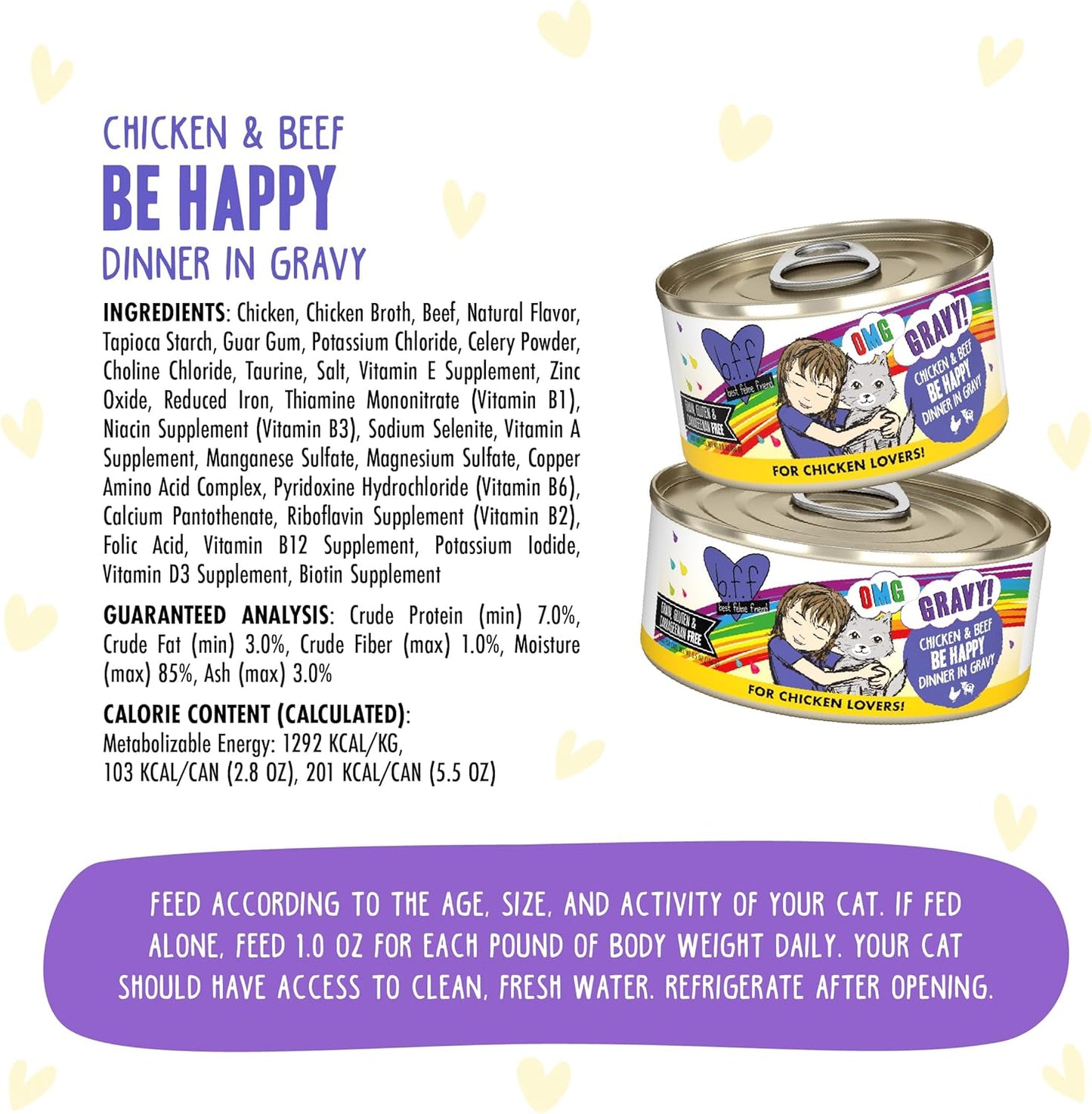 Weruva B.F.F. OMG - Best Feline Friend Oh My Gravy!, Chicken & Beef Be Happy with Chicken & Beef in Gravy, 5.5oz Can (Pack of 8)