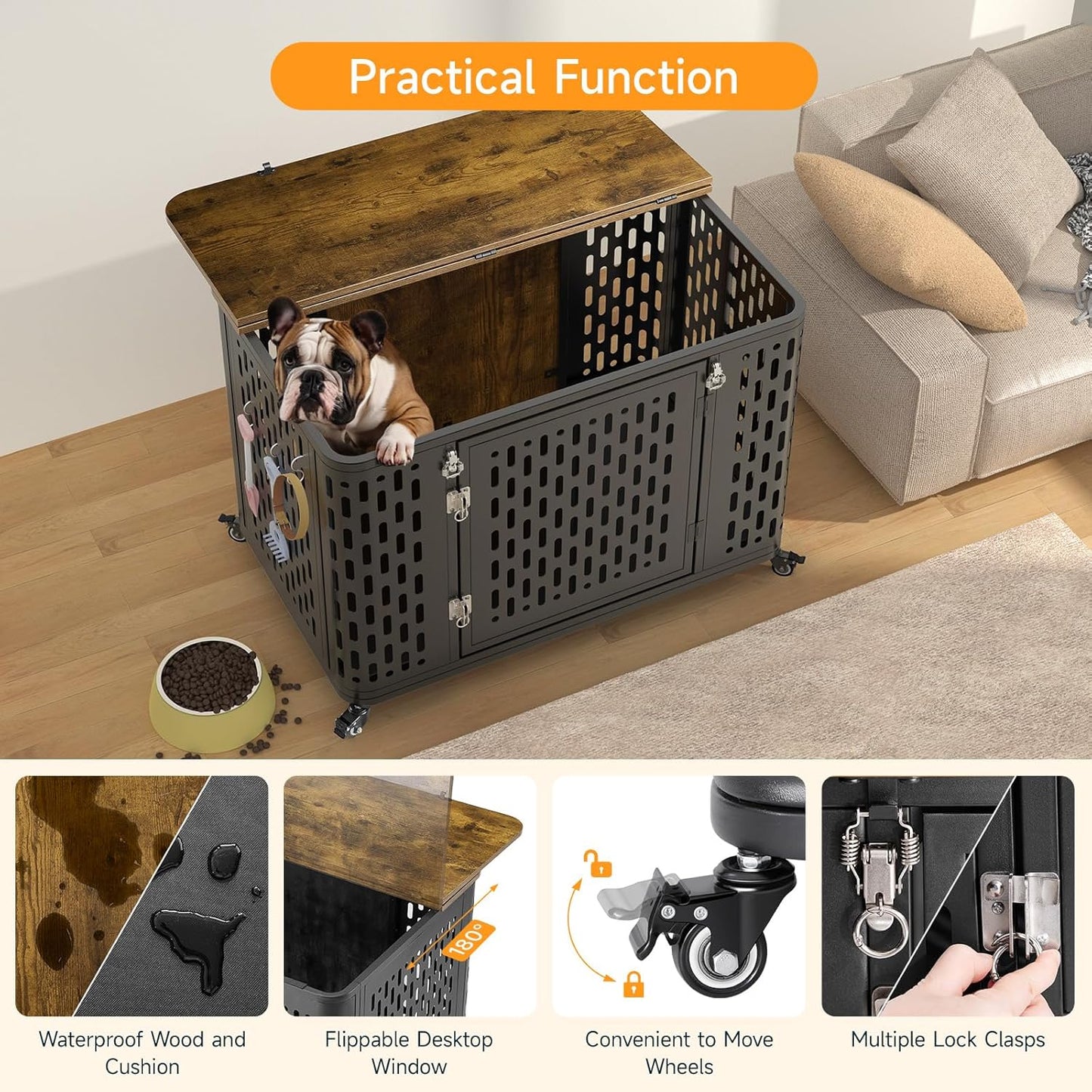 ONBRILL Dog Crate with Cushion, 38" Wood Heavy Duty Dog Crate Furniture with Flip Top & Wheels for High Anxiety Dog, Escape Proof Pet Cage for Small/Medium Dogs