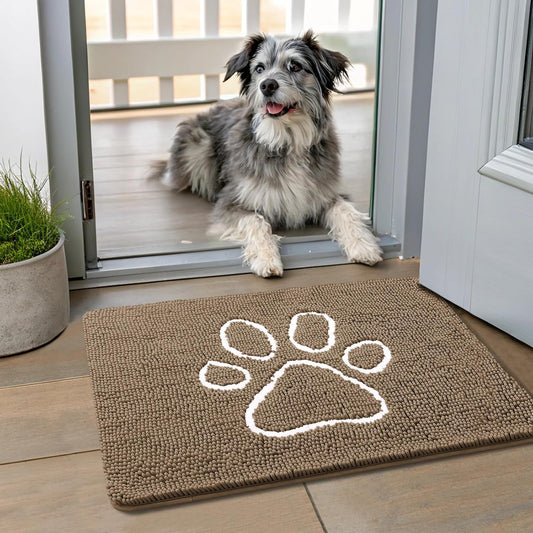 Smiry Dog Door Mat for Muddy Paws, Absorbent Dirt Trapper Non Slip Quick Dry Washable Chenille Mat for Mud Dogs, Entry Rug for Indoor and Outdoor (24x16 Inches, Camel)