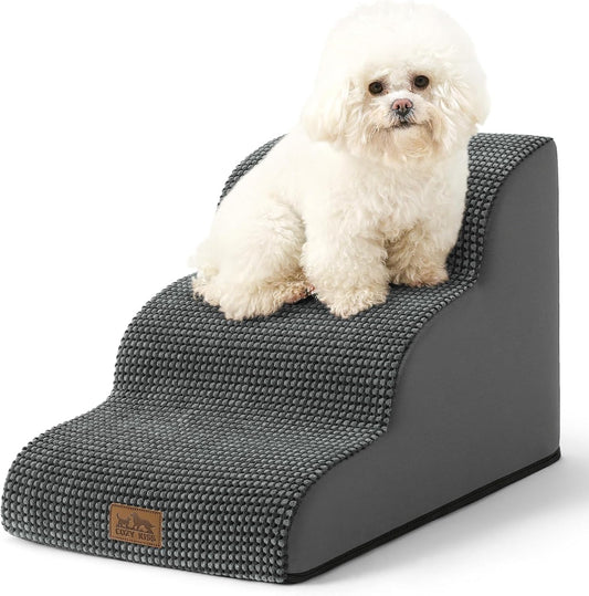 Dog Stairs for Small Dogs 15.7" H, Curved Dog Step for Puppy, Older Cat, Medium Pet Ramp for Sofa, Couch or Chair, Ladder with High Density Foam, 15.7x22.4x15.7 inch, 3 Step, Dark Grey
