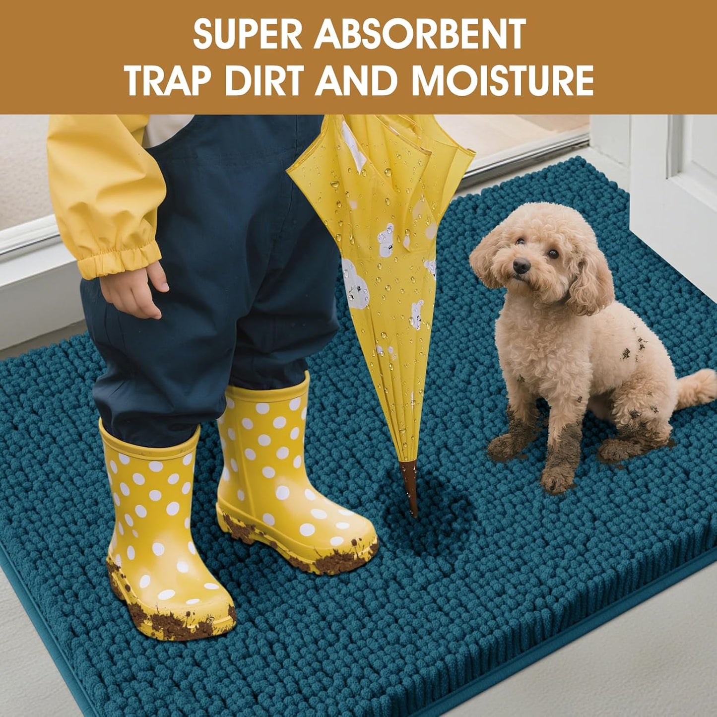 Dog Door Mats for Muddy Paws, Chenille Absorbent Door Mats, Non Slip Heavy Mud Mat for Dogs, Soft Indoor Door Mat for Entryway, Mud Paws, Inside Floor,30" X 20", Teal Blue