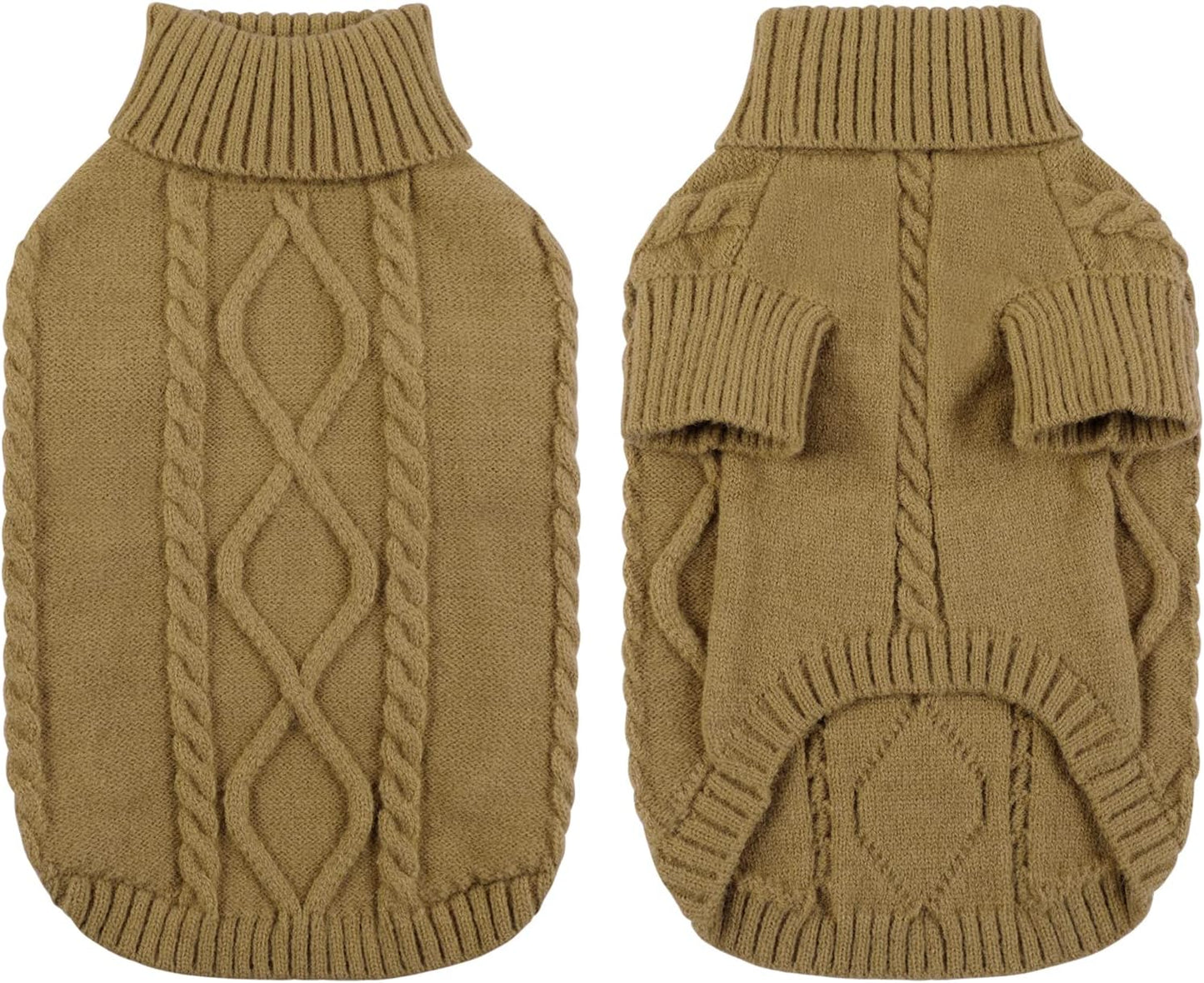 Queenmore Small Dog Pullover Sweater, Cold Weather Cable Knitwear, Classic Turtleneck Thick Warm Clothes for Chihuahua, Bulldog, Dachshund, Pug (Light Brown, Small)