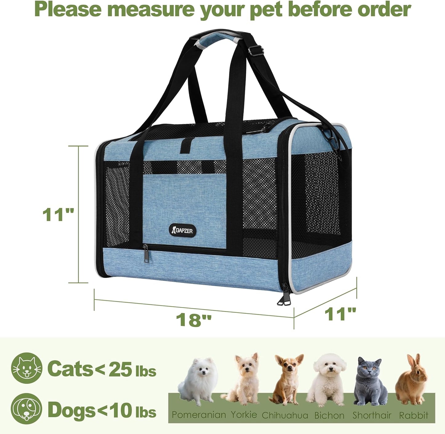 Cat Carrier 18 x 11 x 11 Top Loading Soft-Sided Pet Travel Bag Over 15lbs, Portable Small Dog Puppy Car Crate 10 lbs, Chihuahua Kennel Carry Case, Kitty Cloth Cage Medium Cat Under 25 Blue