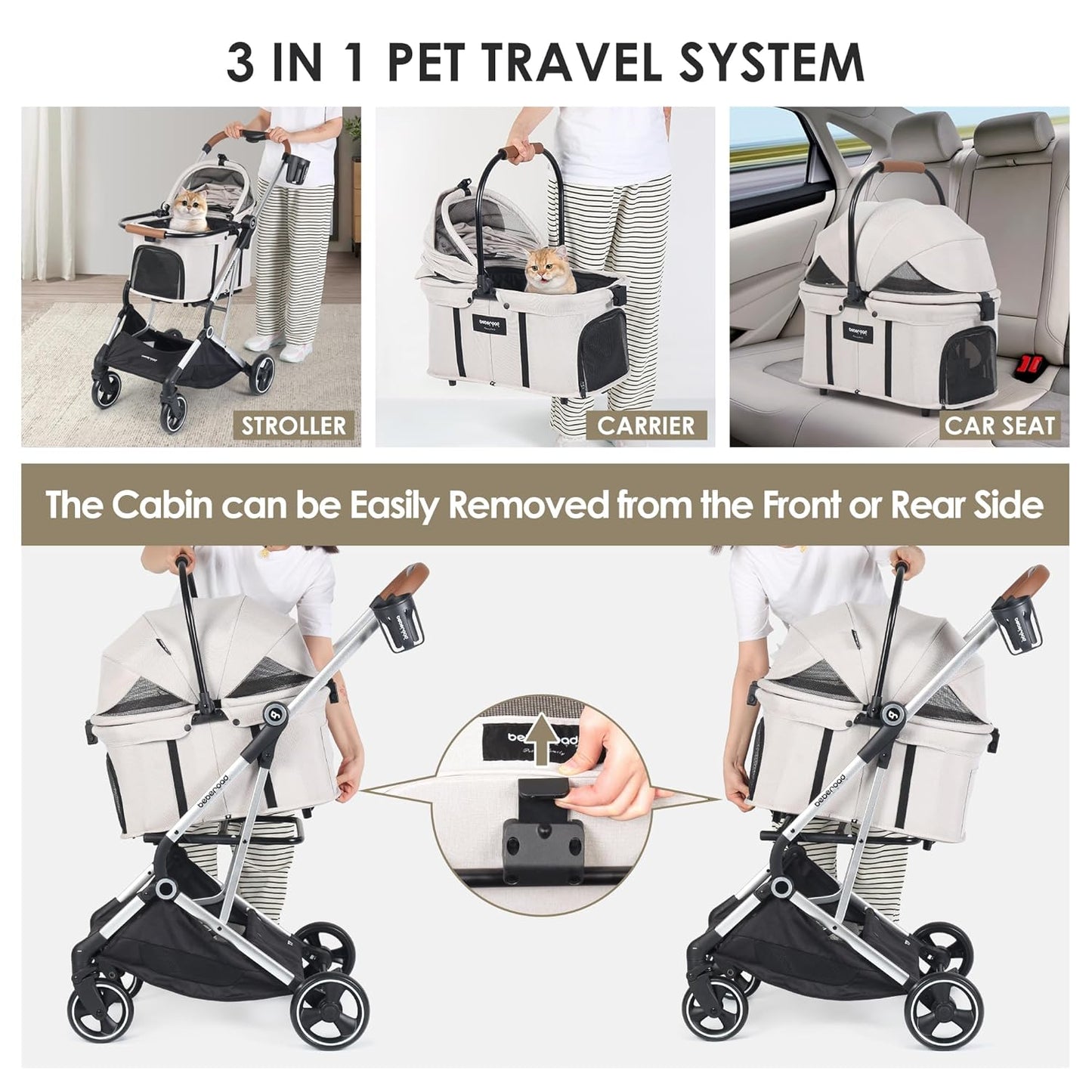 T3 Pro 3-in-1 Pet Stroller for Small Dogs & Cats – Foldable, Lightweight with Detachable Carrier, 180° Canopy & Cup Holder (Beige)