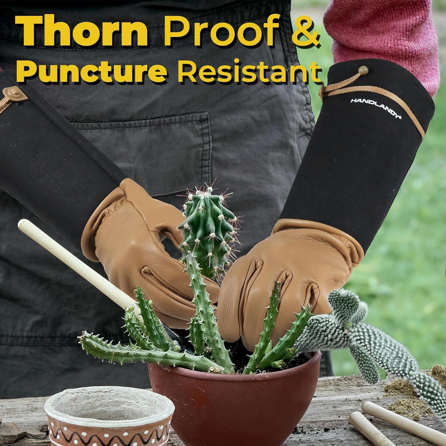 HANDLANDY Long Gardening Gloves for Men & Women, Cowhide Leather Rose Pruning Gloves, Breathable Thorn Proof Gauntlet Glove (Brown-Cowhide, XL)