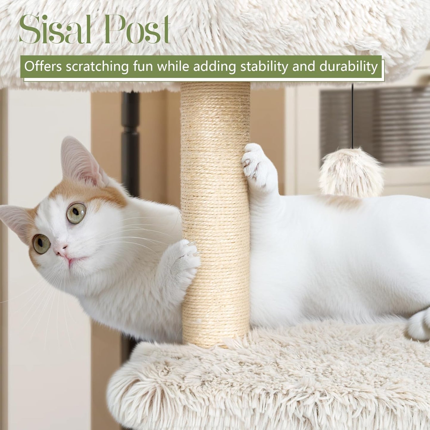 KAMABOKO 41" Tall Modern Cat Tree - Wooden Cat Tower with Cat Condo, Hammock & Top Perch, Cute Wood Cat Tree Natural Sisal Posts for Climb Scratch Play Rest