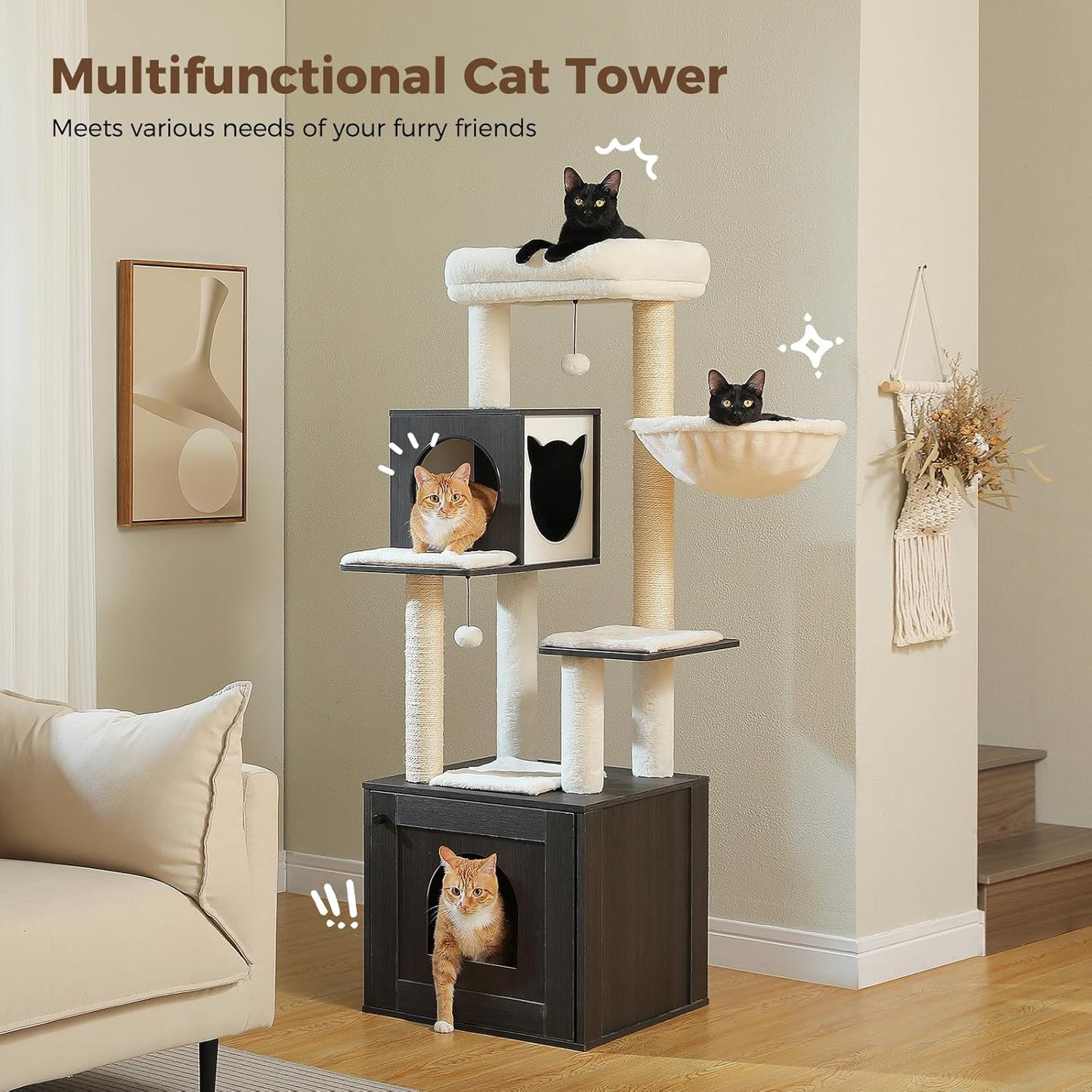 Tall Cat Tree with Litter Box Enclosure 57.5" Wooden Cat Tower for Large Cats with Cat Hammock House Bed (Pure Black)