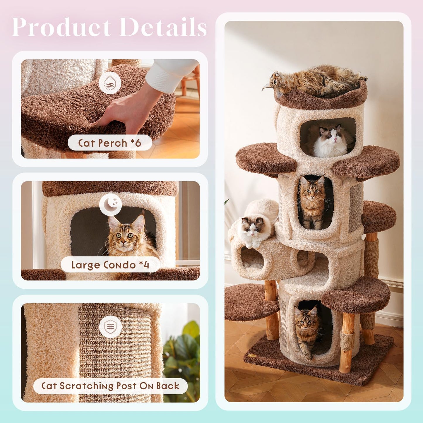 70" Heavy Duty Cat Tree for Large Cats with Toys, All-in-One Cat Tower with Cat Perch, Tall Cat Tower with Scratching Post, Brown Modern Cat House