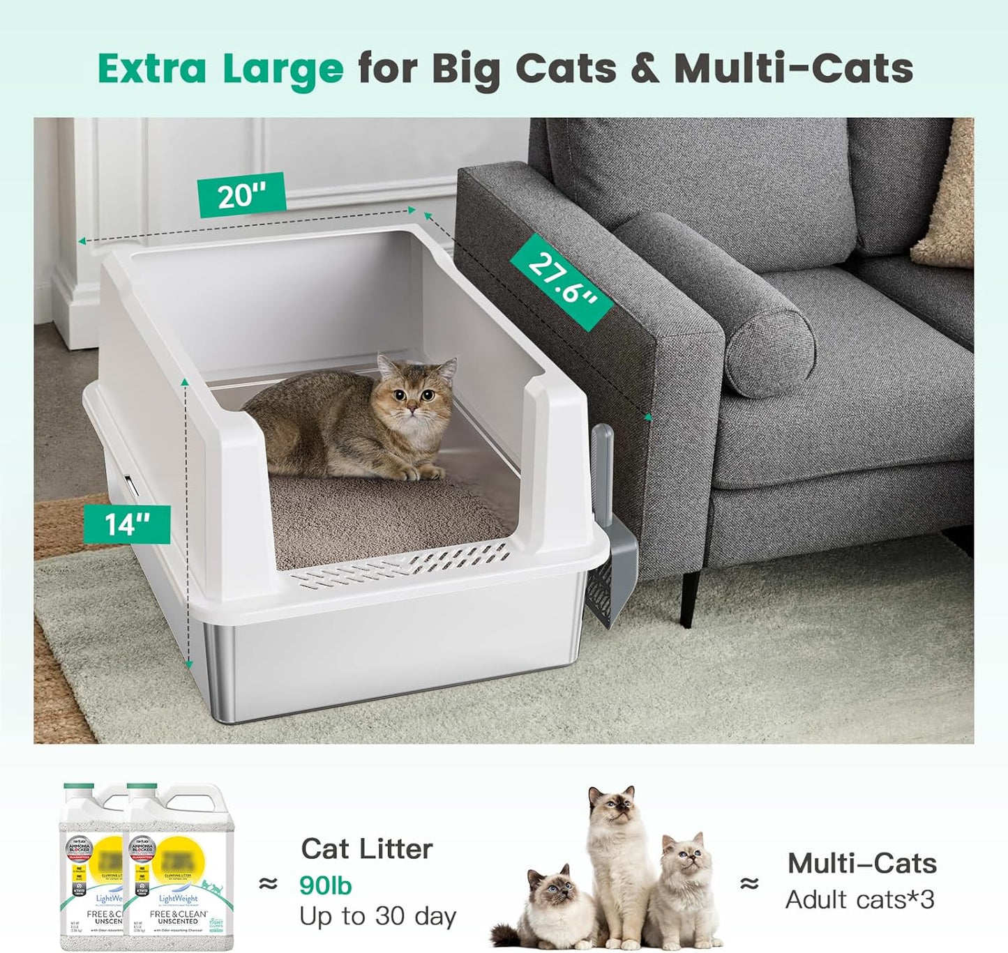 Tripamin XXL Stainless Steel Litter Box with High Sides 28"x20.5"x14" Extra Large Metal Litter Box for Big Cats&Multiple cat, Jumbo Top Entry Litter Pan with lid (White, XXX-Large)