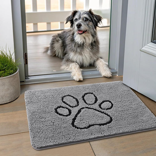 Smiry Dog Door Mat for Muddy Paws, Absorbent Dirt Trapper Non Slip Quick Dry Washable Chenille Mat for Mud Dogs, Entry Rug for Indoor and Outdoor (24x16 Inches, Grey)