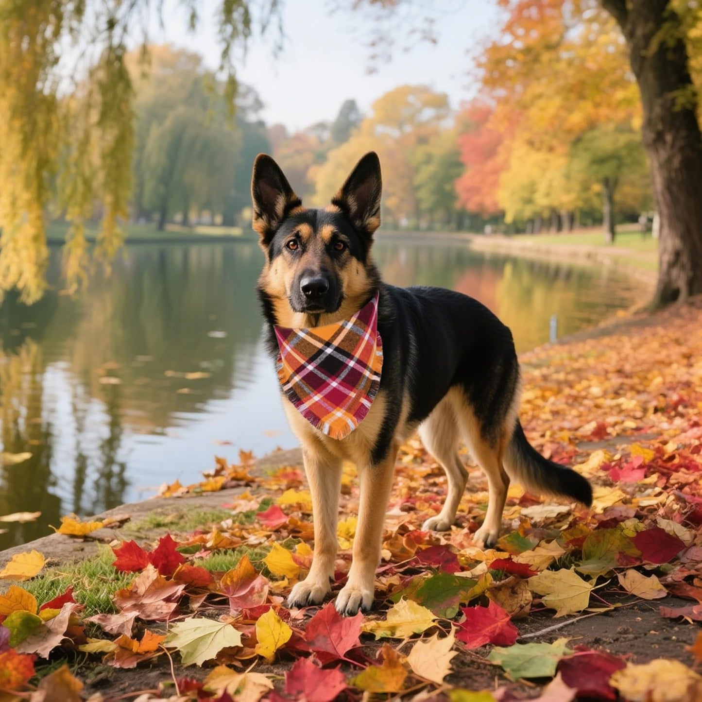 ADOGGYGO Fall Dog Bandana with Tassels Edges, Stylish Orange Plaid Pet Scarf, Multiple Size, Thanksgiving Halloween Fall Bandanas for Extra Large Dogs (X-Large)