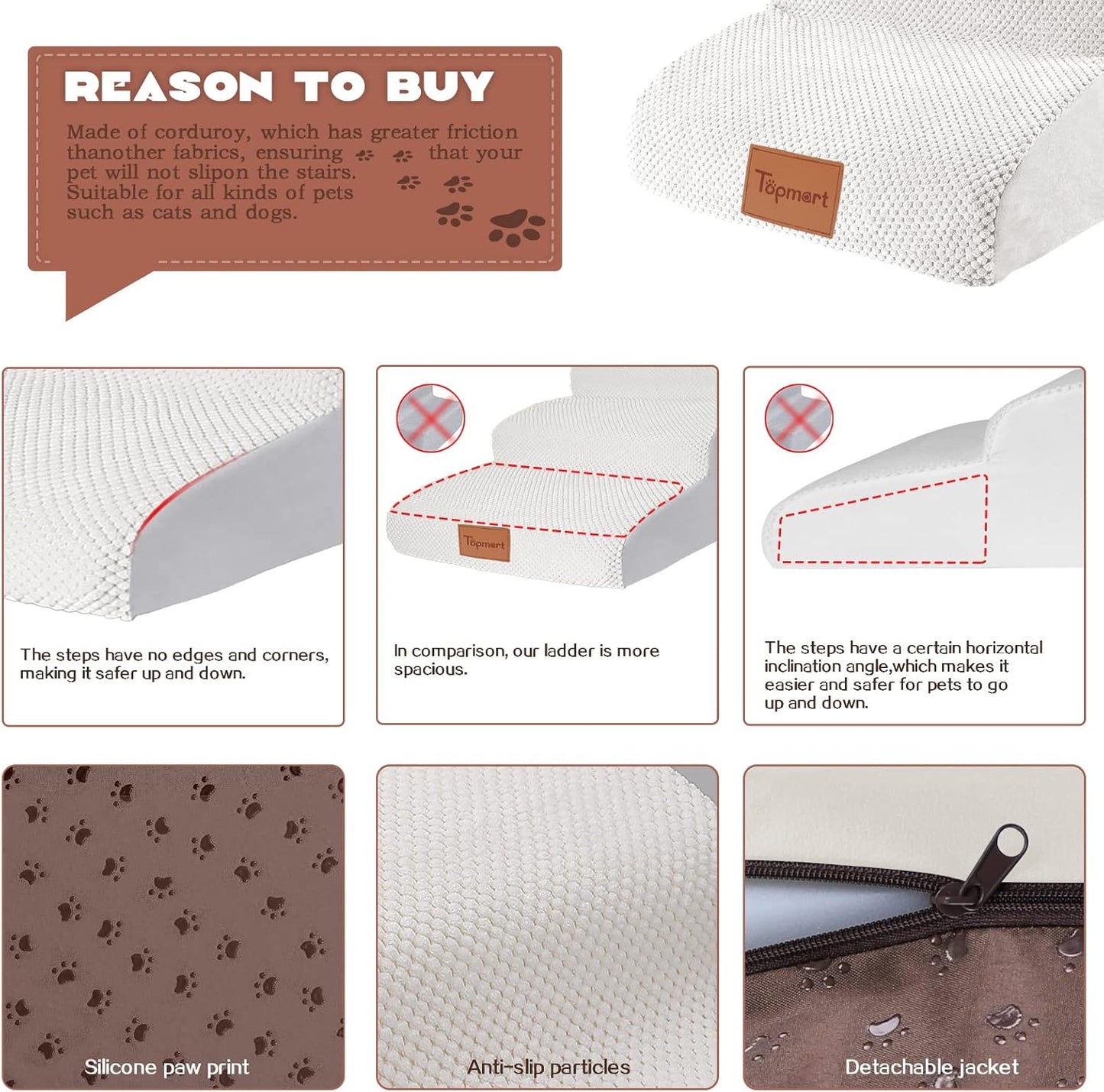 Topmart High Density Extended Foam Dog Ramp&Steps 3 Tiers,15.7" High,Non-Slip Dog Stairs with Waterproof Cover,Soft Foam Pet Ladder,Best for Injured,Older Cats,Pets with Joint Pain