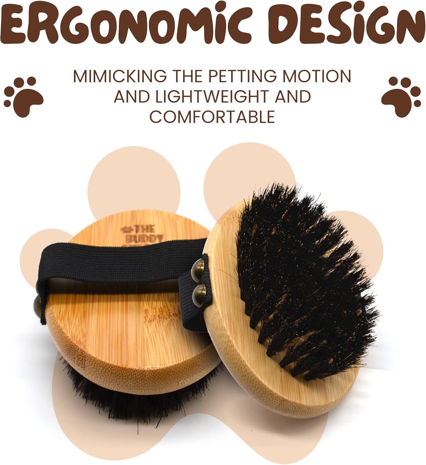 The Buddy System Pet Close Brush, Soft Touch Oval Palm Brush - Bamboo Massage Handheld with Soft Boar Bristles and Elastic Band for Dogs and Cats