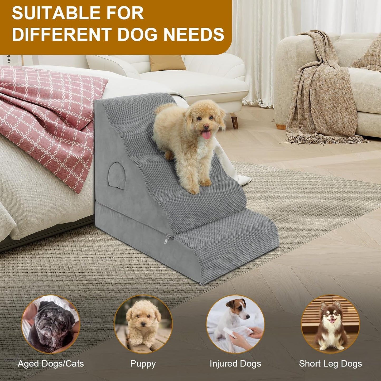 Dog Stairs for Small Dogs 24.6" H, 5-Step Dog Steps for High Bed, High-Density Foam Curved Pet Stairs with Non-Slip Removable Washable Cover to Get on Bed