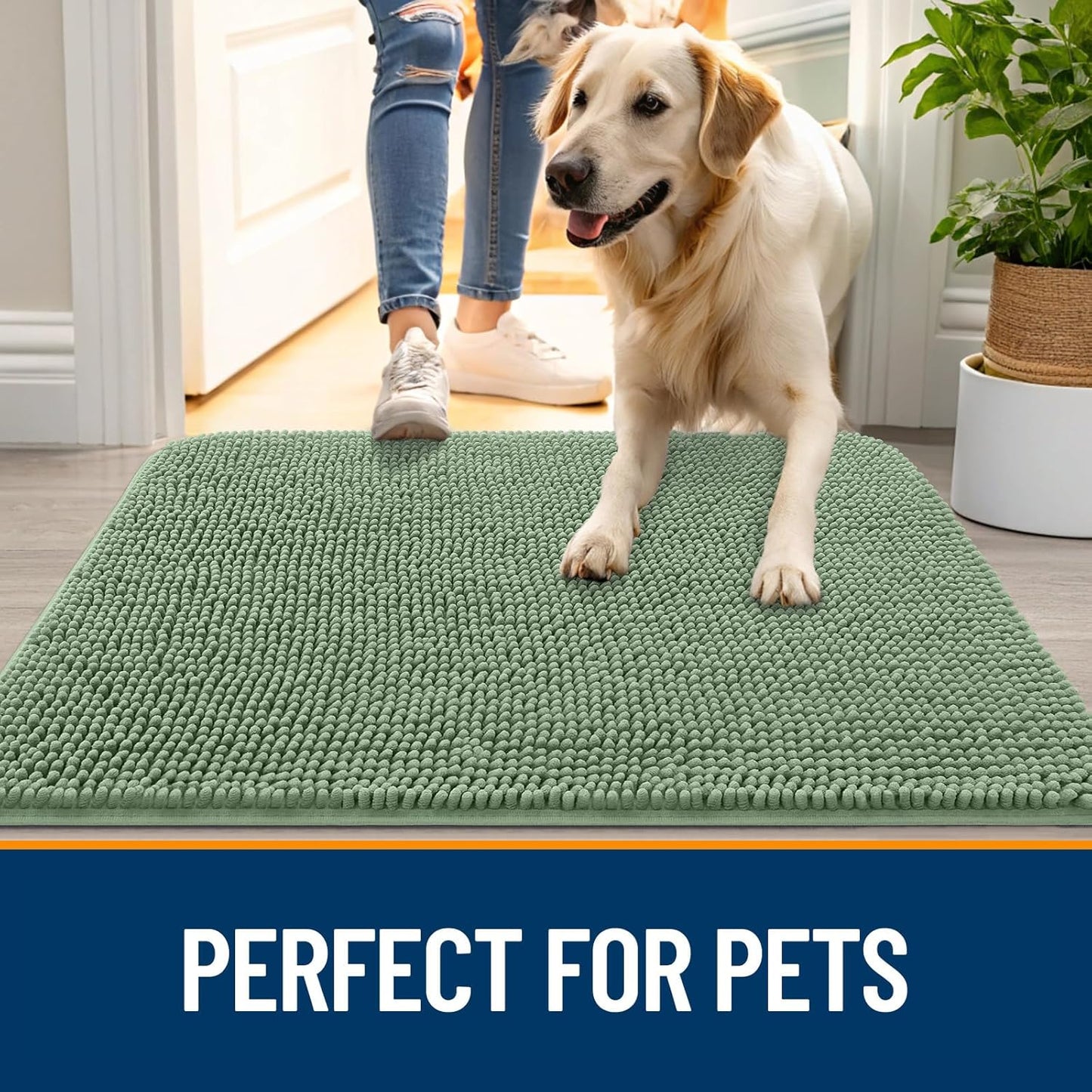 OLANLY Dog Door Mat for Muddy Paws 54x24, Absorbs Moisture and Dirt, Absorbent Non-Slip Washable Doormat, Quick Dry Chenille Mud Mat, Entry Indoor Entryway Carpet for Inside Floor, Olive Green