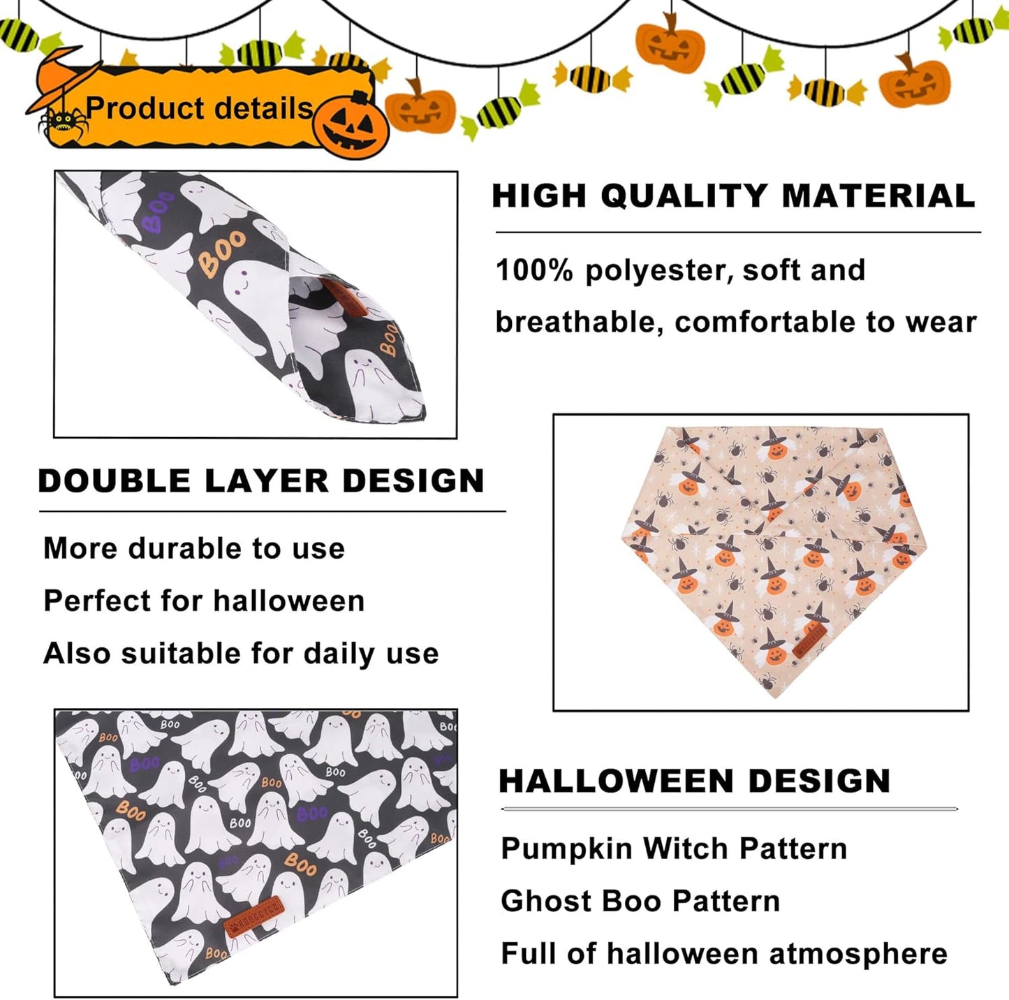 ADOGGYGO Halloween Dog Bandanas, Ghost Pumpkin Witch Scarf, Multi Size, Black Orange Halloween Bandanas for Small Dogs Pets (Small)