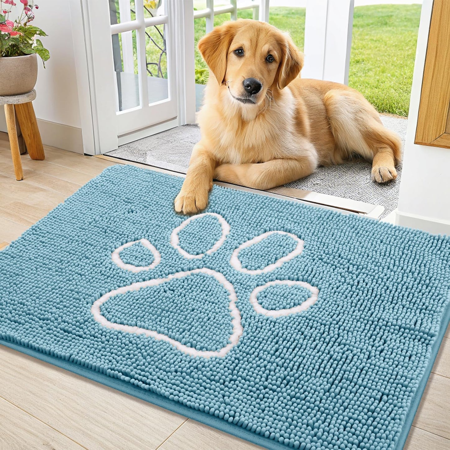 Smiry Dog Door Mat for Muddy Paws, Absorbent Dirt Trapper Non Slip Quick Dry Washable Chenille Mat for Mud Dogs, Entry Rug for Indoor and Outdoor (36x24 Inches, Sky Blue)