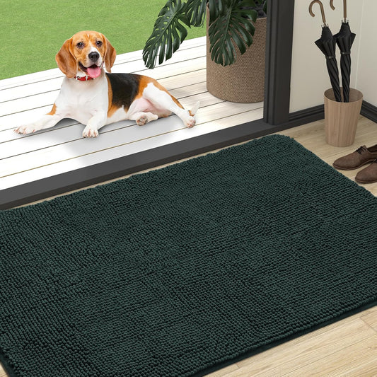 OLANLY Dog Door Mat for Muddy Paws 47x32, Absorbs Moisture and Dirt, Absorbent Non-Slip Washable Doormat, Quick Dry Chenille Mud Mat, Entry Indoor Entryway Carpet for Inside Floor, Blackish Green