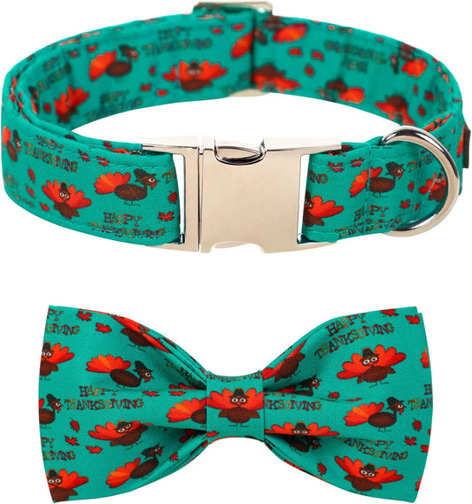 Lionet Paws Thanksgiving Day Dog Collar with Bowtie, Dog Bowtie Collar with Metal Buckle for Dogs, Adjustable Comfortable Turkey Dog Collar Girl Boy Gift, L, Neck 16-24 in
