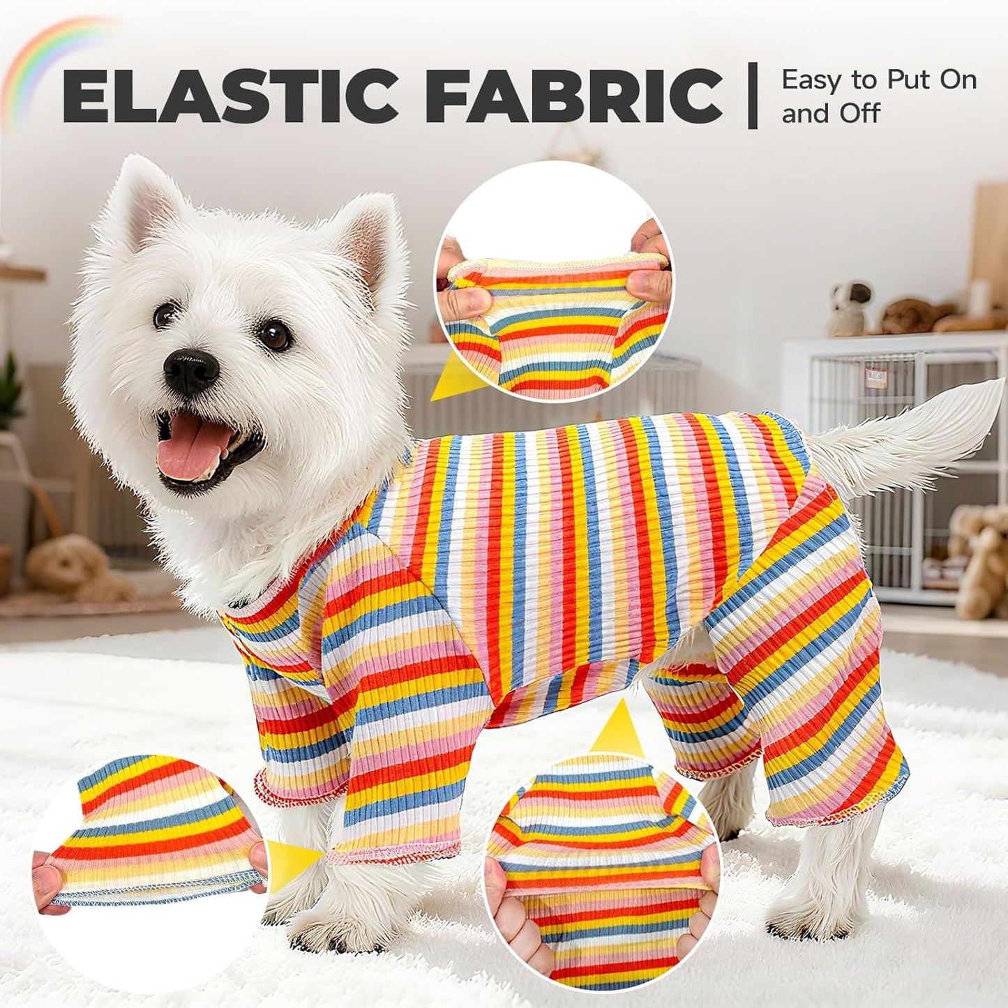 BAEJMJK Striped Dog Pajamas Stretchy Cute Four-Legged Boy Girl Dog Clothes with Sleeves Comfortable Dogs Jumpsuit Colorful Pet Puppy Outfits Apparel for Small Medium Dogs Cats(Yellow,Yellow,X-Large)