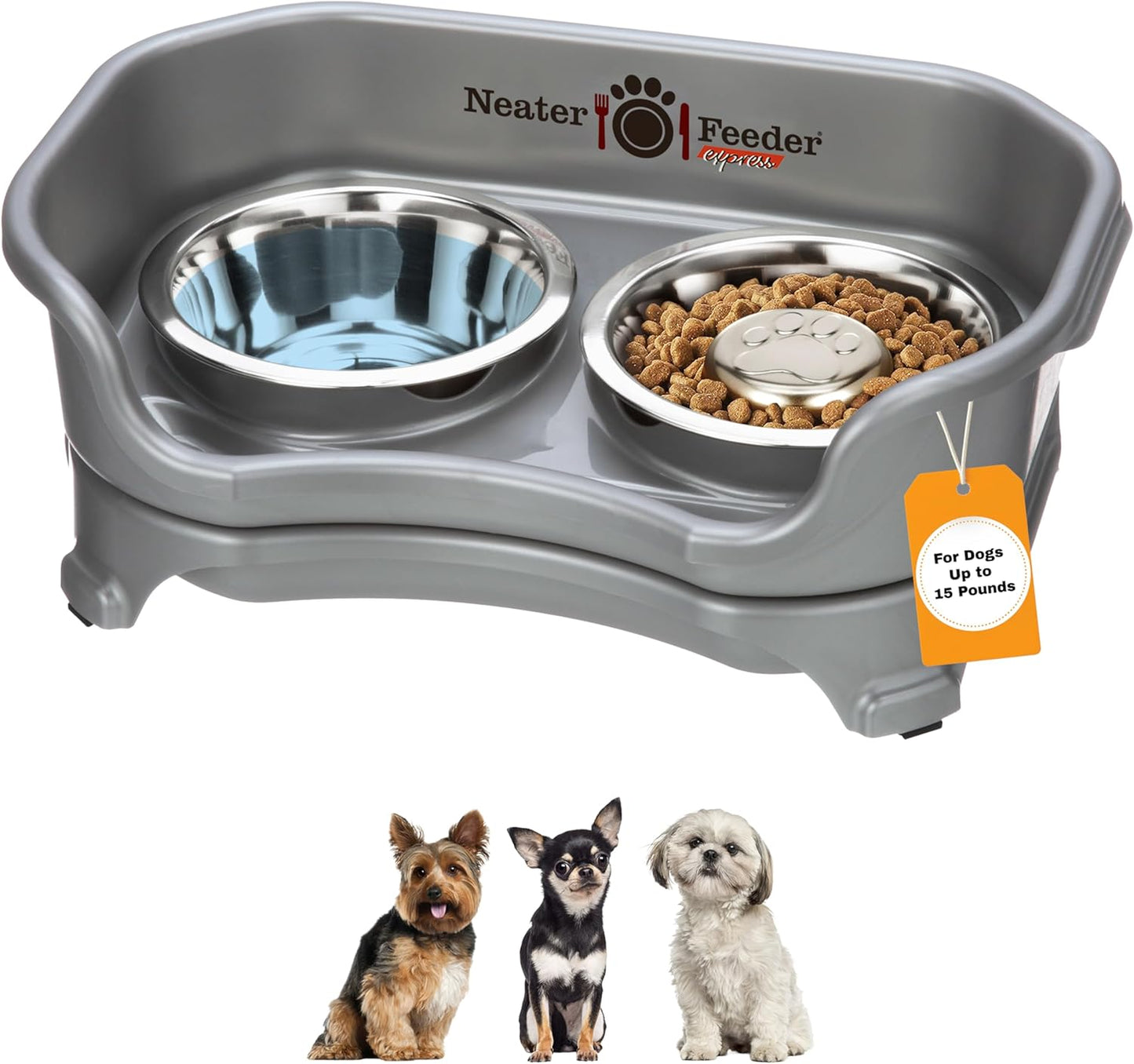 Neater Feeder Express Mess Proof Dog Bowls Elevated for Small Breed – Made in USA – No Spill Raised Slow Feeder Elevated Dog Bowl Stand, Stainless Steel Food and Water Bowl Set, Grey