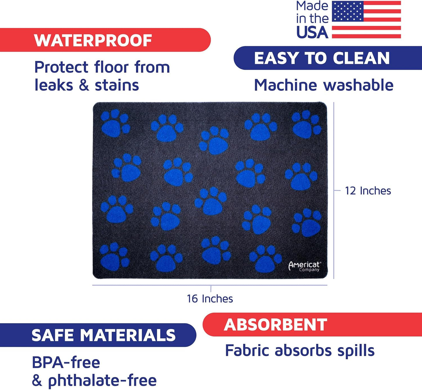 Americat Cat Feeding Mat Machine Washable, Waterproof, No-Slip Cat Placemat Protect Floors from Messy Eaters & Drinkers 16 x 12 Inches (Paw Prints)