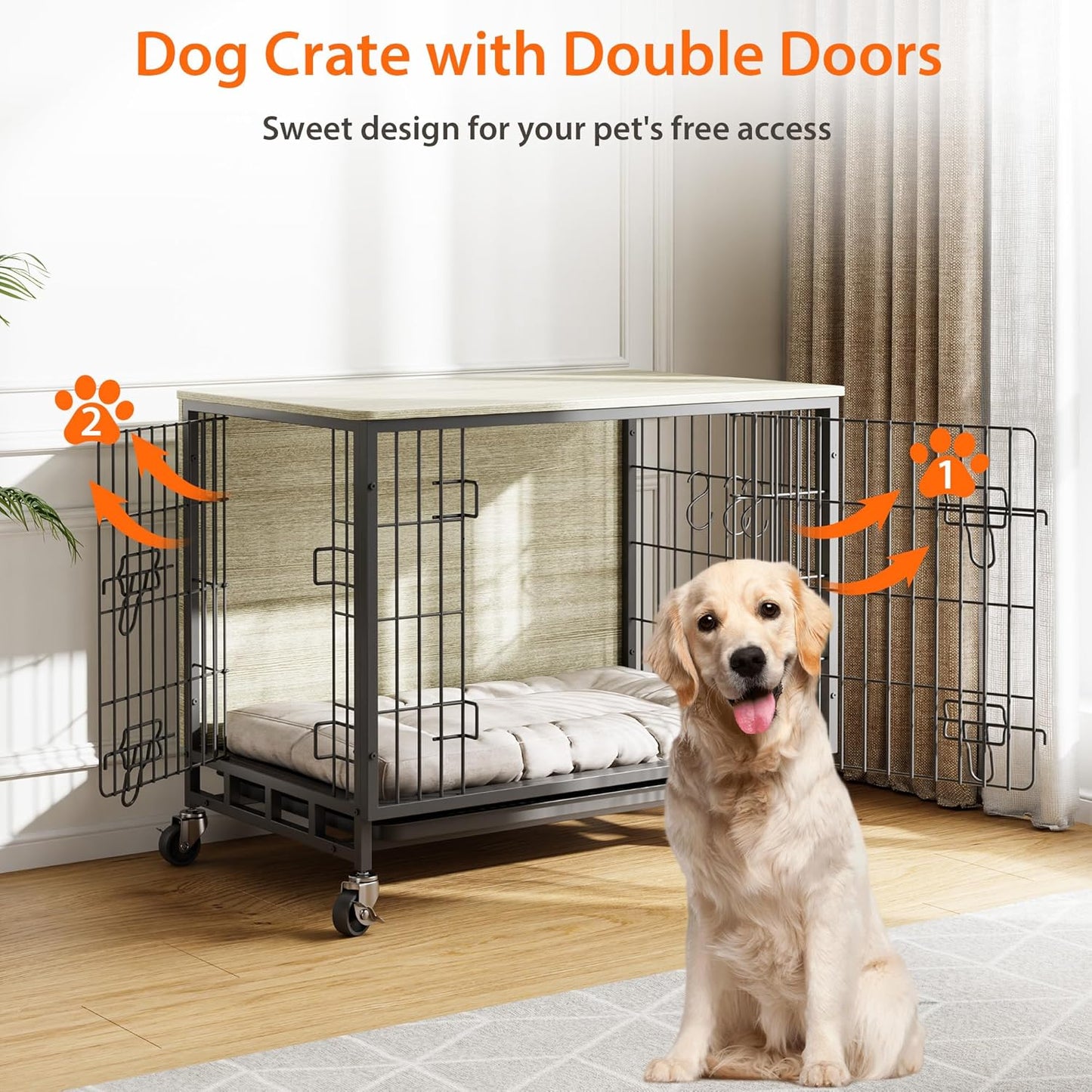 Dog Crate Furniture, 32.5" Wooden Dog Crate Furniture Side End Table, Indoor Kennel with Double Doors, Dog Crates for Medium Dogs, Grey