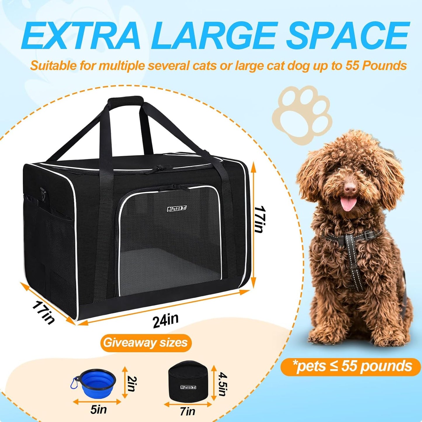 Petskd Extra Large Pet Carrier 24"x17"x17" for Large Cat or Medium Dog, Collapsible Soft Sided Dog cat Carrier for Long Trips with Lockable Safety Zippers(Black)