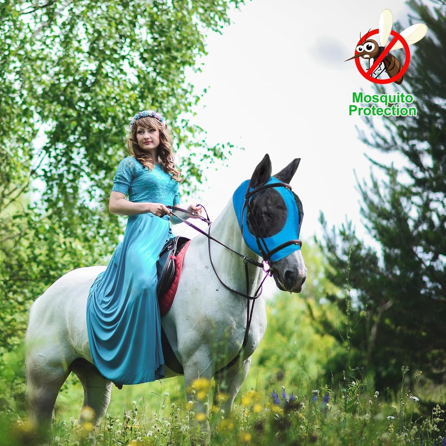 Horse Fly Mask with Ears, Comfortable Fit Stretch Fabric with UV Protection Soft on Skin Breathability for Small/Medium Size Horses (Blue)