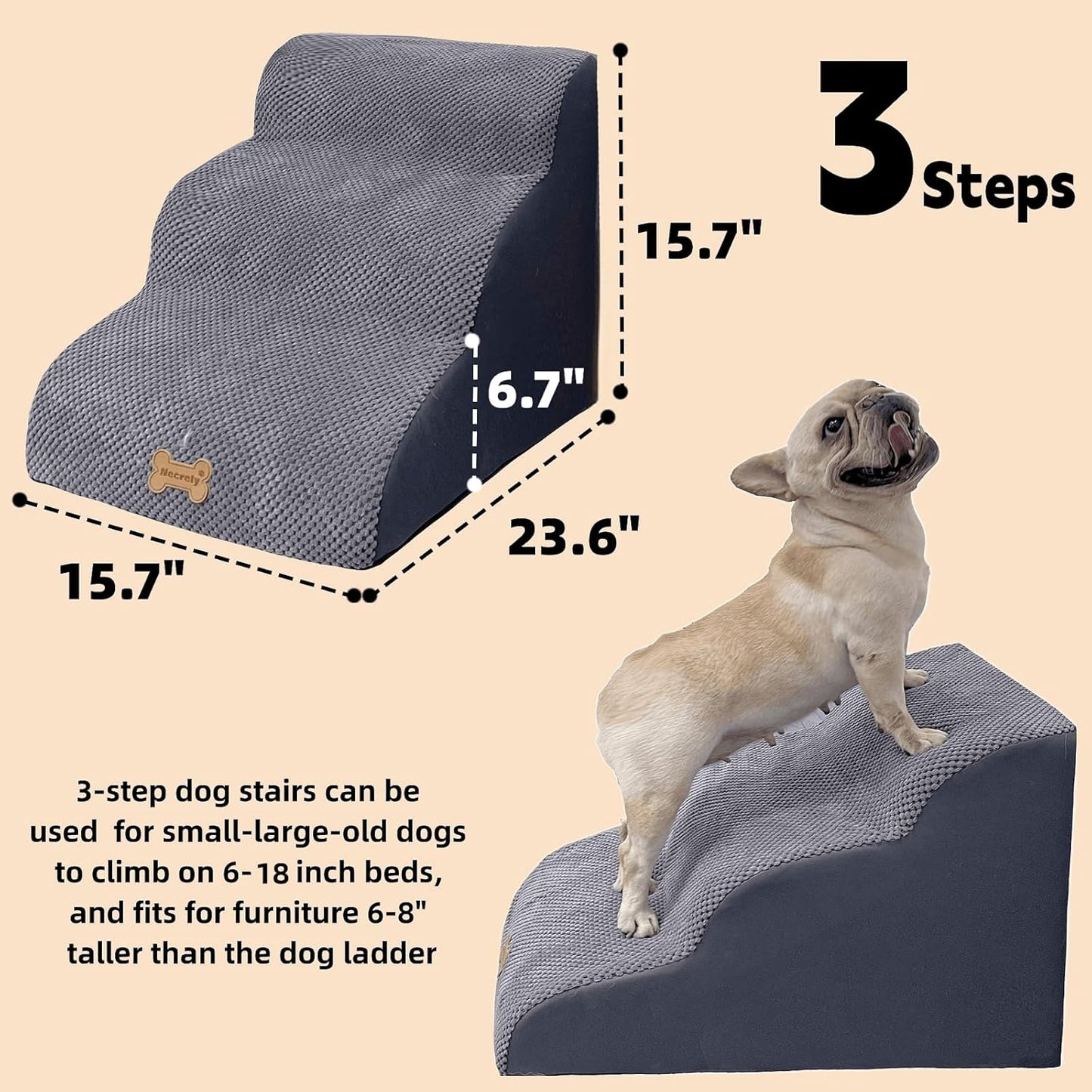 Dog Stairs to high beds, 3-step dog stairs for dogs to get on bed couch high 16"-20 inch, dog pet stairs for small large dogs cats climbing to bed, Non-Slip balanced doggy Grey (23.7*15.8*15.8 IN 33D)