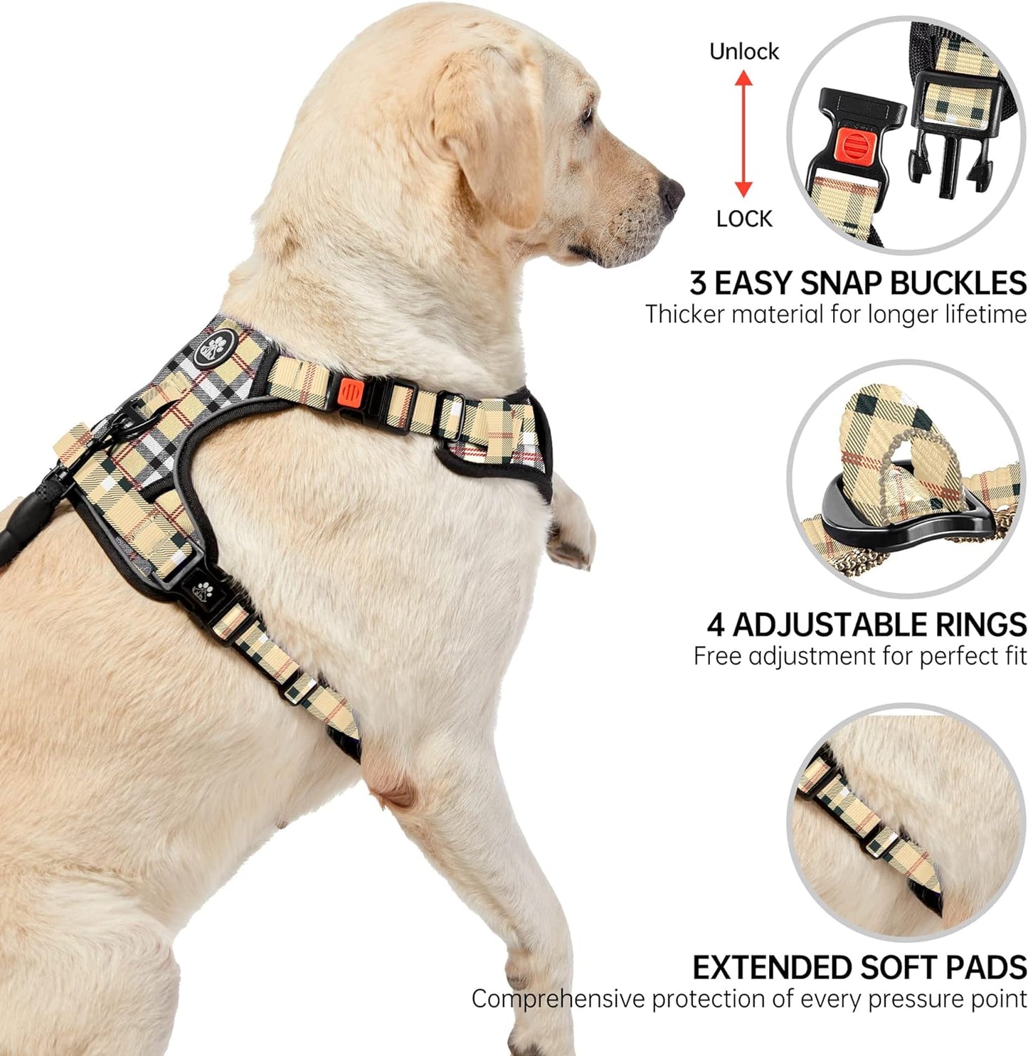NESTROAD No Pull Dog Harness with Leash, Reflective No Choke Pet Vest Harness,Adjustable Soft Padded Dog Harness with Easy Control Handle for Small Dogs(Checkered Beige,Small)