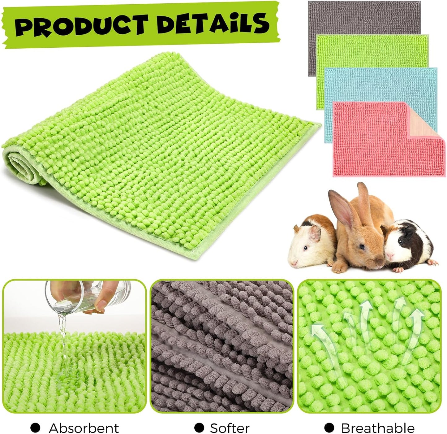 Barydat 8 Pcs Guinea Pig Cage Liner for Guinea Pig Cage Bedding Reusable Rabbit Mat Pad Washable Training Pad Animal Sleeping Bedding Mat(24x16'',Gray, Green, Pink, Blue)