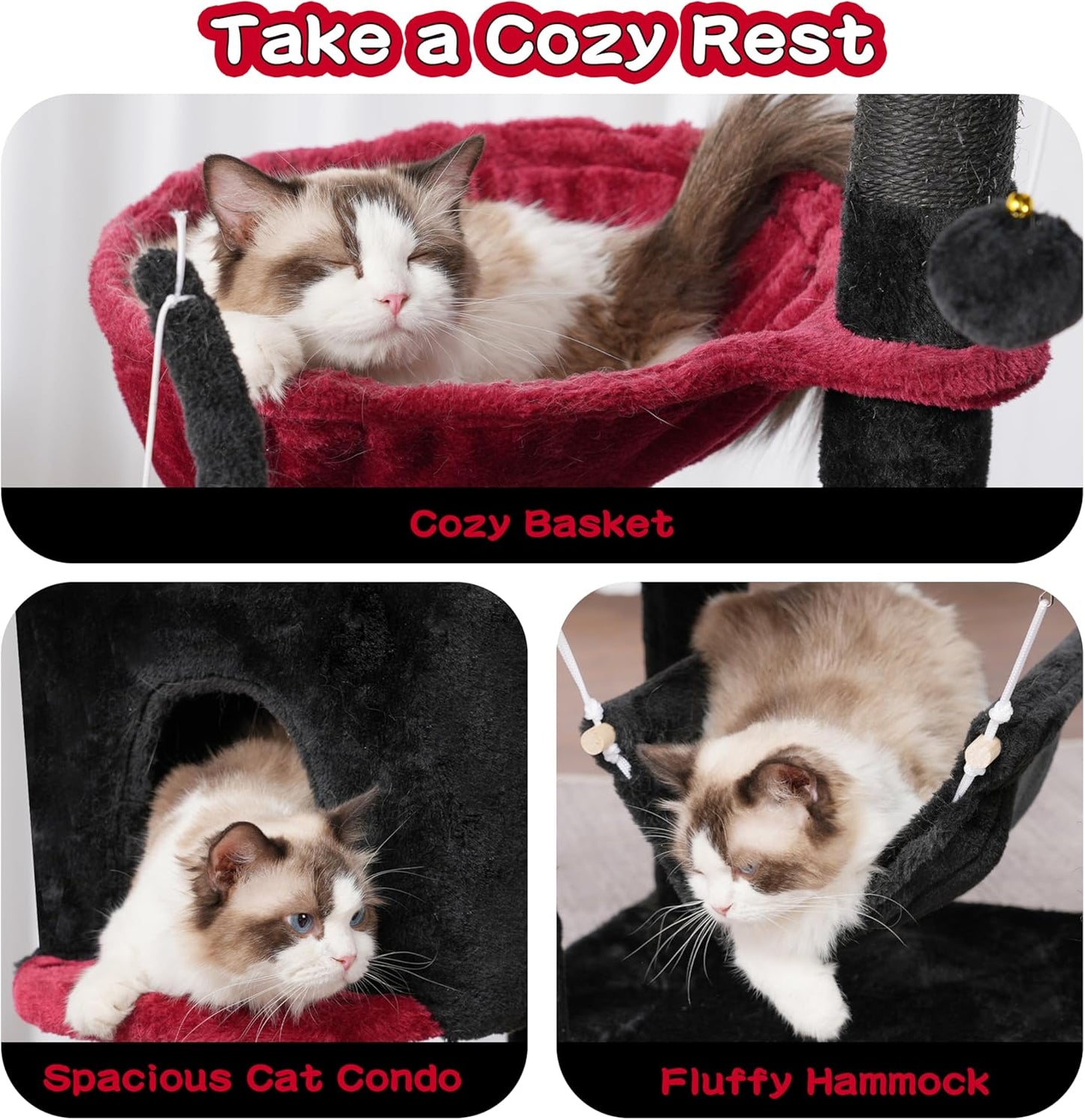 Gothic Cat Tree, Cat Tower for Large Cats with 2 Big Platforms, 2 Baskets, condo and Toys, 63" Cat Scratching Posts for Indoor Cats, Black and red GCT020BR