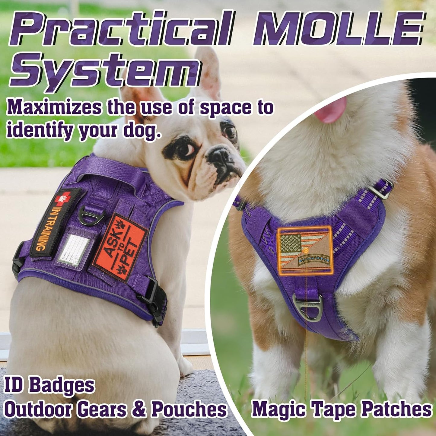 rabbitgoo Tactical Dog Harness for Small Dogs, No Pull Military Service Vest with Handle & Molle, Easy Control for Training Walking, Adjustable Reflective Straps, Purple, S