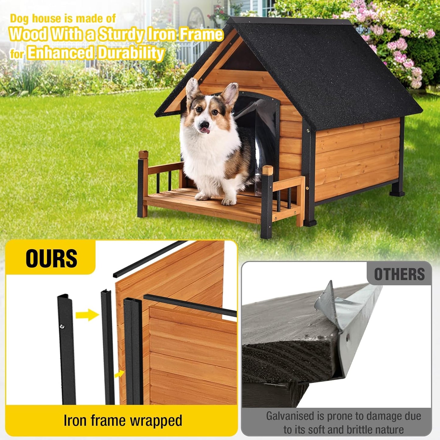 AIVITUVIN Dog House Outdoor Anti-Bite Metal Frame Design Wooden Dog Kennel Outside with Elevated Floor Weatherproof (Brown, 45" D x 32.9" W x 32.6" H)