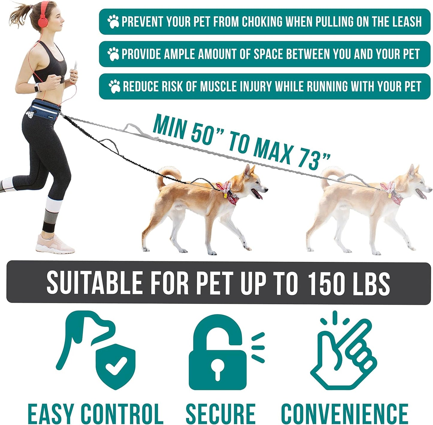 PetAmi Hands Free Dog Leash, Dog Running Leash Belt for Walking Jogging, Dog Waist Zipper Pouch Fanny Pack with Poop Bag Dispenser, Dual Padded Handle Bungee Leash for Small Medium Large Dogs, Single