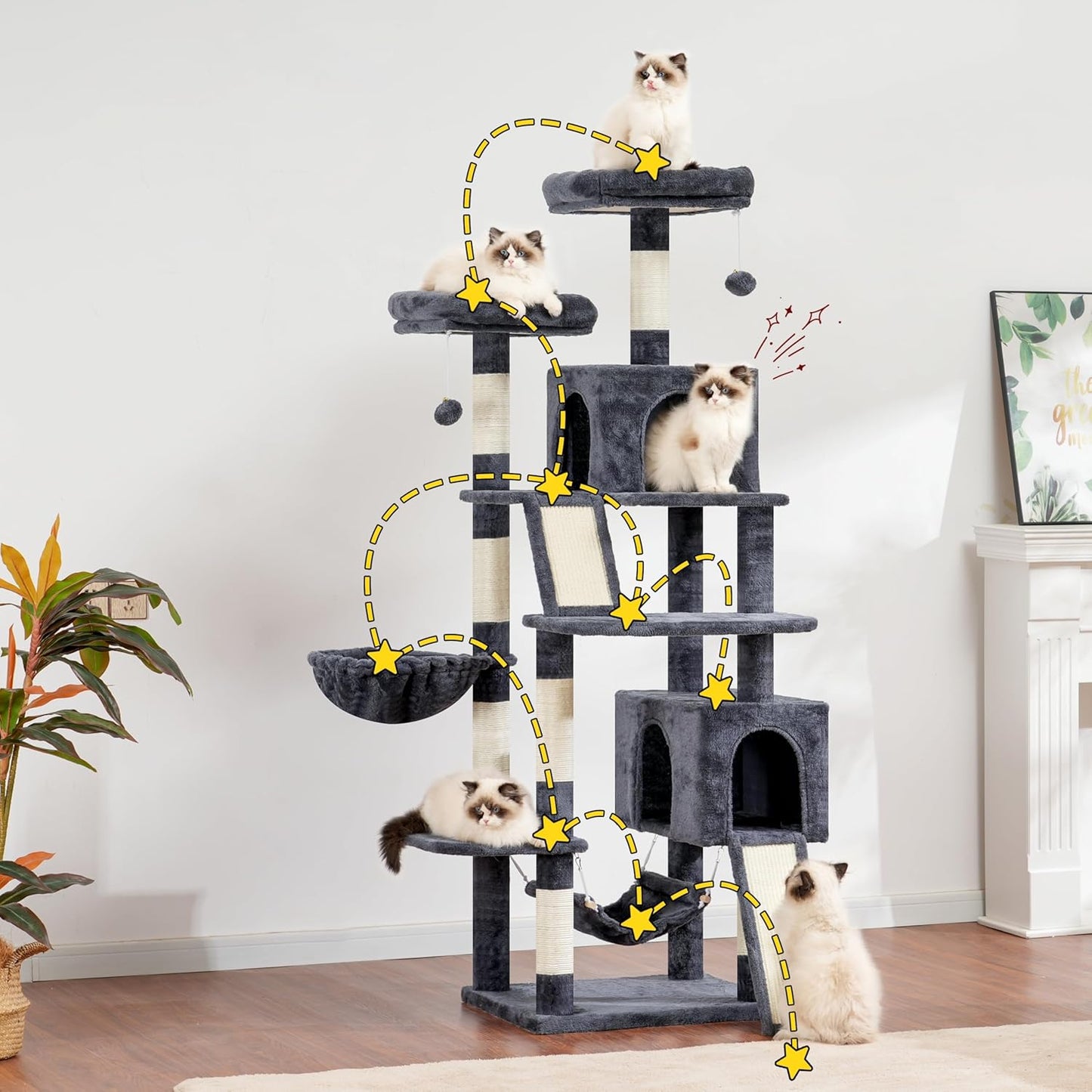 Cat Tree for Indoor Cats, 71'' (180cm) Multi-Level Cat Tower for Large Adult, Sturdy Cat Tree House with 2 Scratching Boards 7 Posts, 2 Plush Perches/Condos, Hammock, Smoky Gray GCT032G
