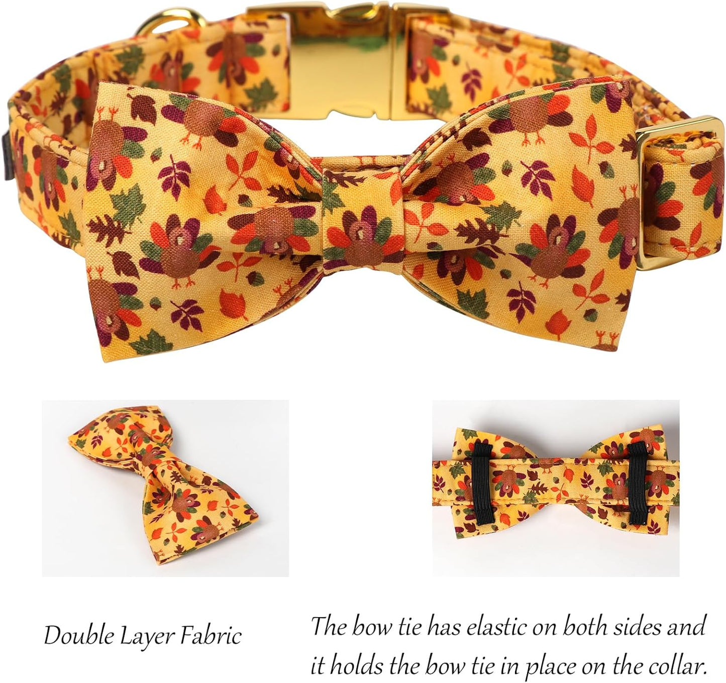 Lionet Paws Thanksgiving Day Dog Collar with Bowtie, Dogs Bowtie Collar with Metal Buckle for Dogs, Adjustable Comfortable Turkey Dog Collars Girl Boy, L, Neck 16-24 in
