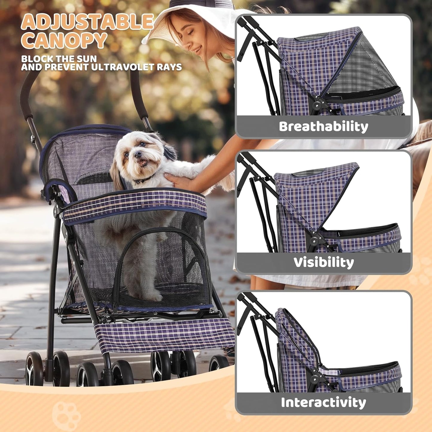 Magshion Compact Pet Stroller for Small-Medium Dogs/Cats up to 22lbs, 4-Wheel Lightweight Umbrella Shaped Portable Puppy Travel Jogger with Breathable Mesh & Rear Storage, Plaid