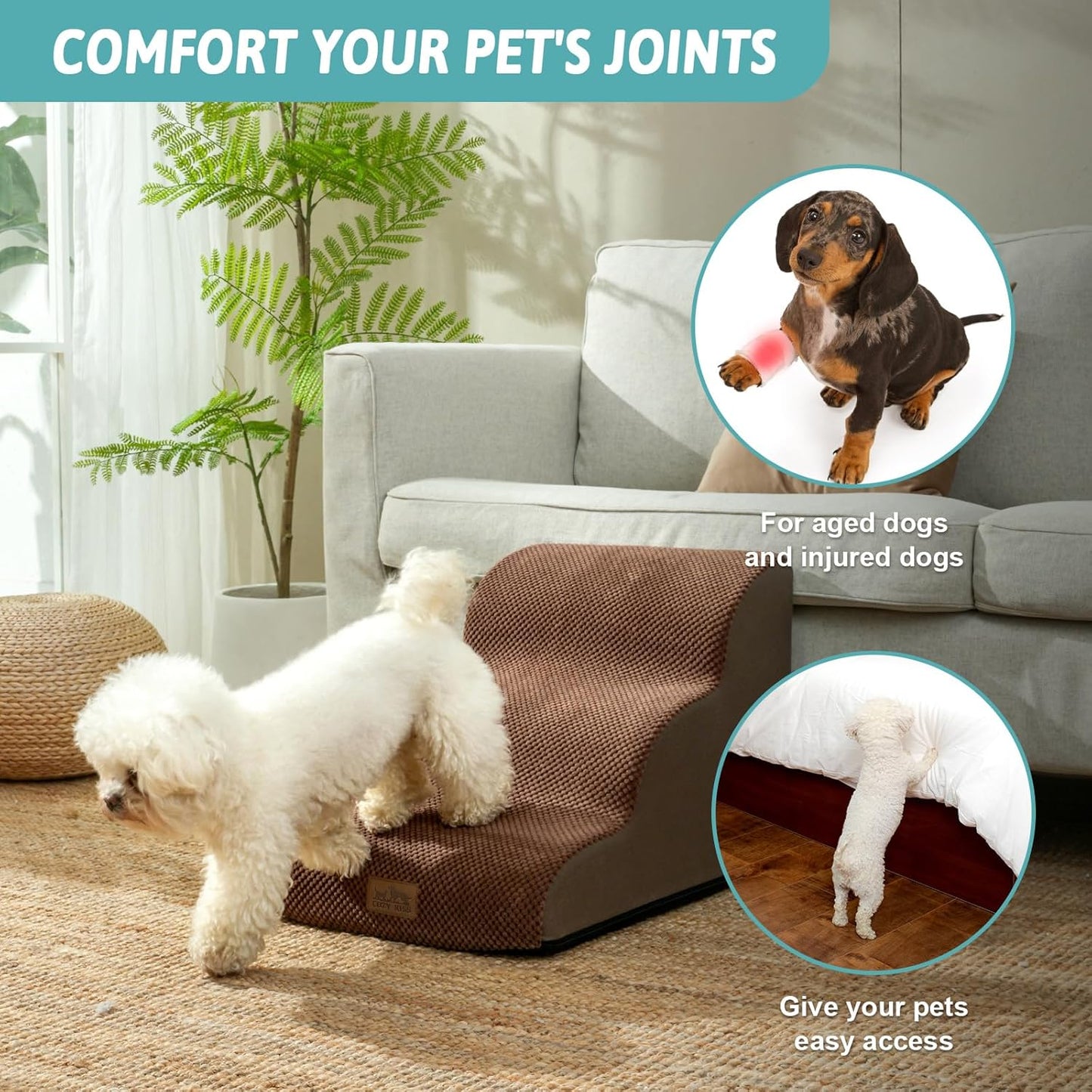 Dog Stairs for Small Dogs 15.7" H, Curved Dog Step for Puppy, Older Cat, Medium Pet Ramp for Sofa, Couch or Chair, Ladder with High Density Foam, 15.7x22.4x15.7 inch, 3 Step, Brown