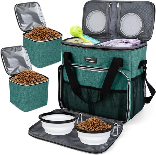 BAGLHER Pet Travel Set Airline-Approved Carrier for Small/Medium Cats & Dogs + Travel Bag with Food Containers & Silicone Bowls, Grey & Green